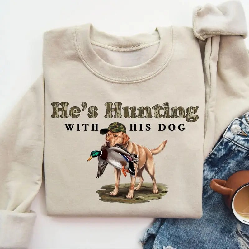 He's Hunting with His Labrador Retriever Dog Unisex Crewneck Sweater, Hunting Camo Bottomland Duck Hunt Shirt Hoodie,...