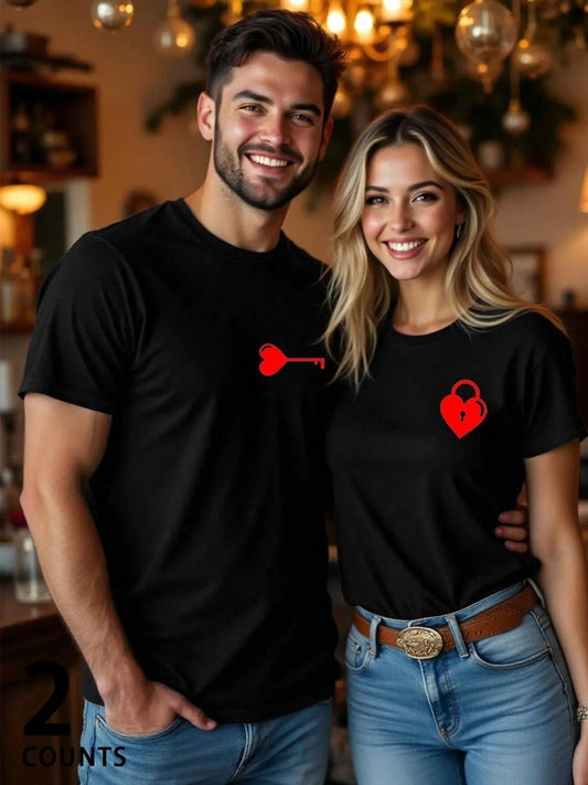 Heart & Key Print Couple Tee, Casual Fashion Round Neck Short Sleeve T-shirt for Daily Wear, Ladies Clothes for All...