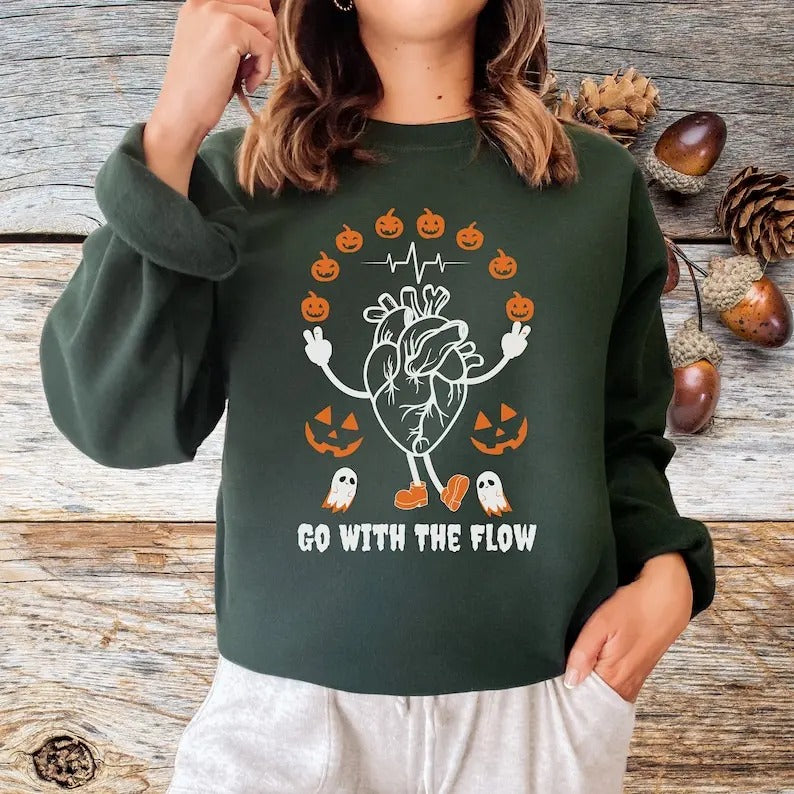 Heart Anatomy Sweatshirt, Halloween Anatomical Heart Crewneck Shirt, Spooky Ghost Nurse Crew Pumpkins Bottom Collar Hoodie