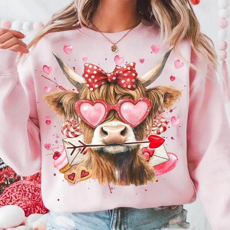Heifer Valentine Highland Cow Sweatshirt Western Country Love You Till The Cows Come Home,Coquette Valentine T-Shirts, Hoodie