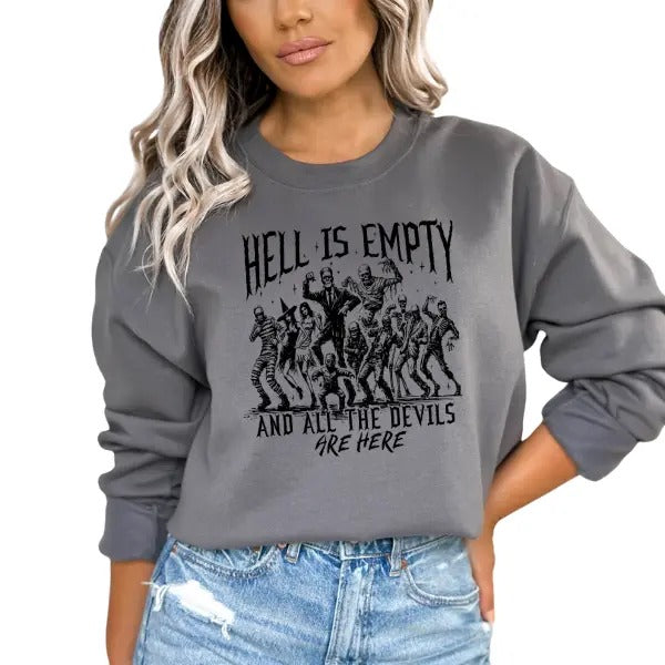Hell Is Here and All the Devils Are Here" Oversized Unisex Crewneck Sweatshirt - Full Front Graphic, Retro-Inspired...