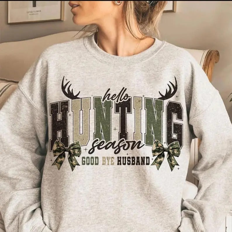 Hello Hunting Season Goodbye Husband Tshirt Sweatshirt Hoodie, Camo Coquette Bow Sweatshirt, Girls Camo Bow shirt Cotton...