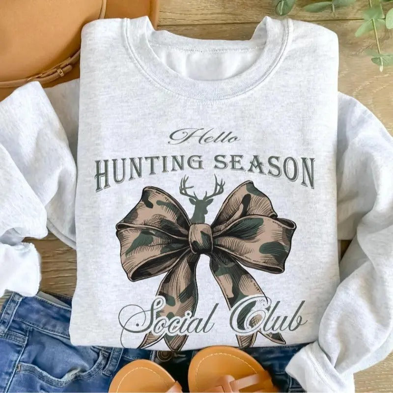 Hello Hunting Season T-shirt Sweatshirt Hoodie, Social Club Camo Hunting Coquette Bow Shirt Classic Menswear | WearSparks.com