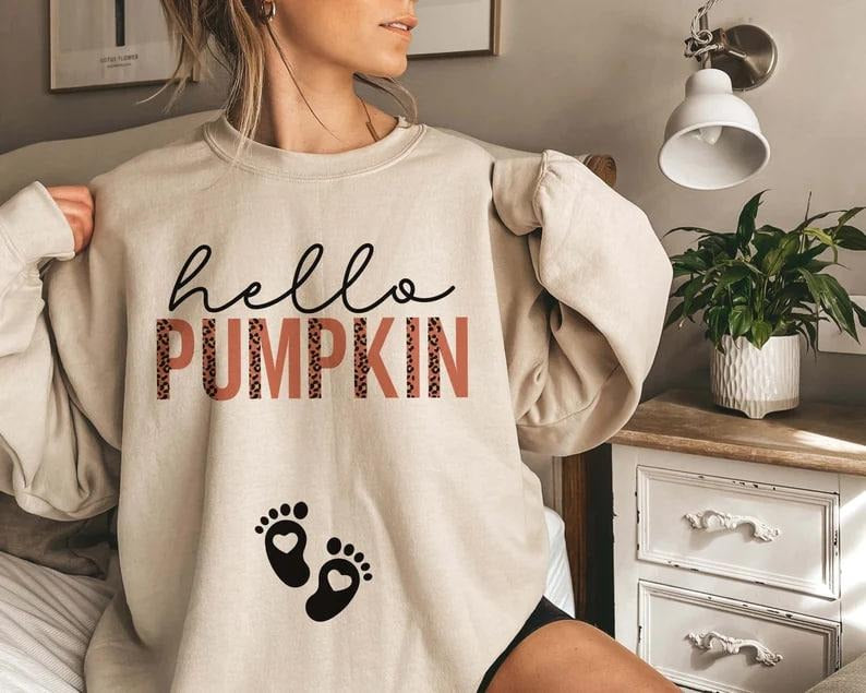 Hello Pumpkin Sweatshirt Thanksgiving Pregnancy Announcement Sweater Fall Maternity Crewneck Halloween November Gender...