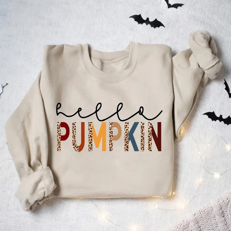 Hello Pumpkin Sweatshirt, Autumn Fall Halloween Thanksgiving Sweatshirt, Hello Pumpkin Leopard Sweater, Fall Sweatshirt,...