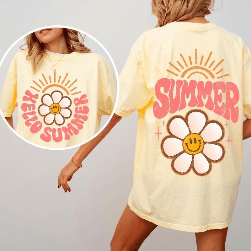 Hello Summer, Smiley Daisy, Beach, Fun, Front and Back, Comfort Colors T-Shirt, Women's Comfort Colors Tee Hoodie, Sweatshirt