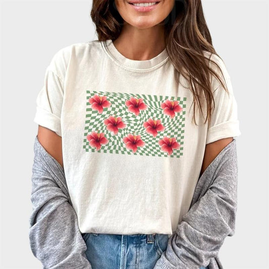 Hibiscus Flower Shirt, Aloha Hawaii Tee, Checkered Board Beach Vibes Graphic Tee Women, Summer Vibes Unhinged Shirt,...