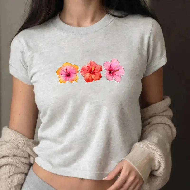 Hibiscus Summer Baby Tee, Hibiscus Flower Baby Tee, Hawaii Tee Shirt, Beach Vibe Hibiscus Baby Tee, Aesthetic Baby Tee...