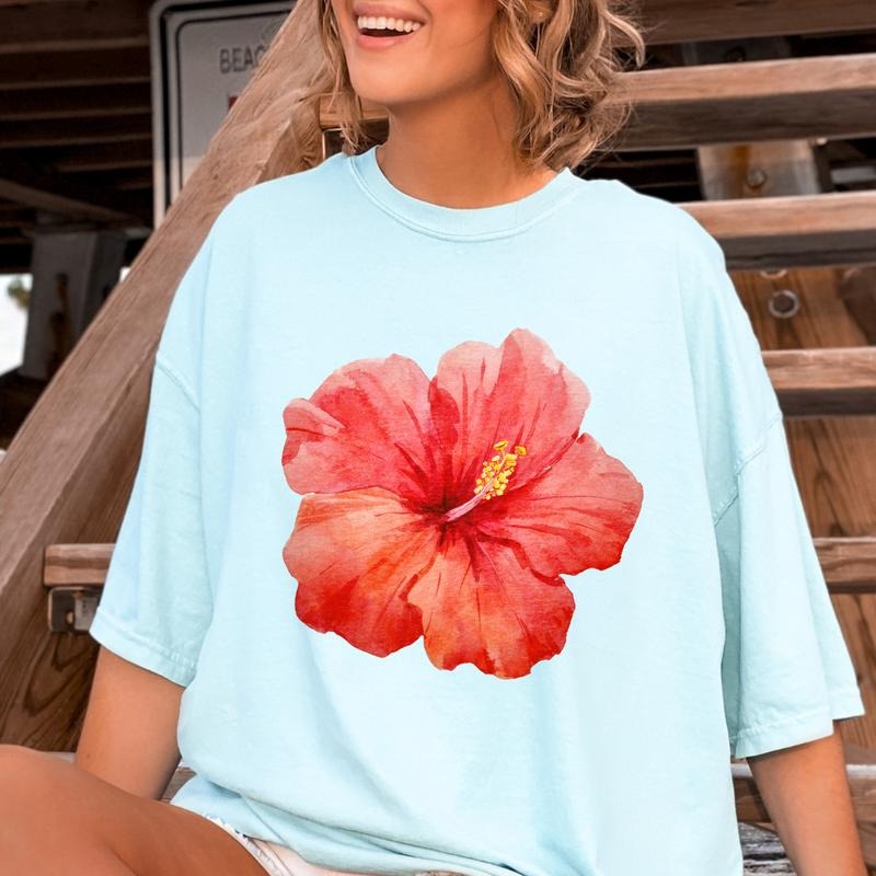 Hibiscus flower Graphic Beach Shirt ~ Unisex Apparel Relaxed Fit Printed In The USA Clothing Womenswear Casual Comfort...
