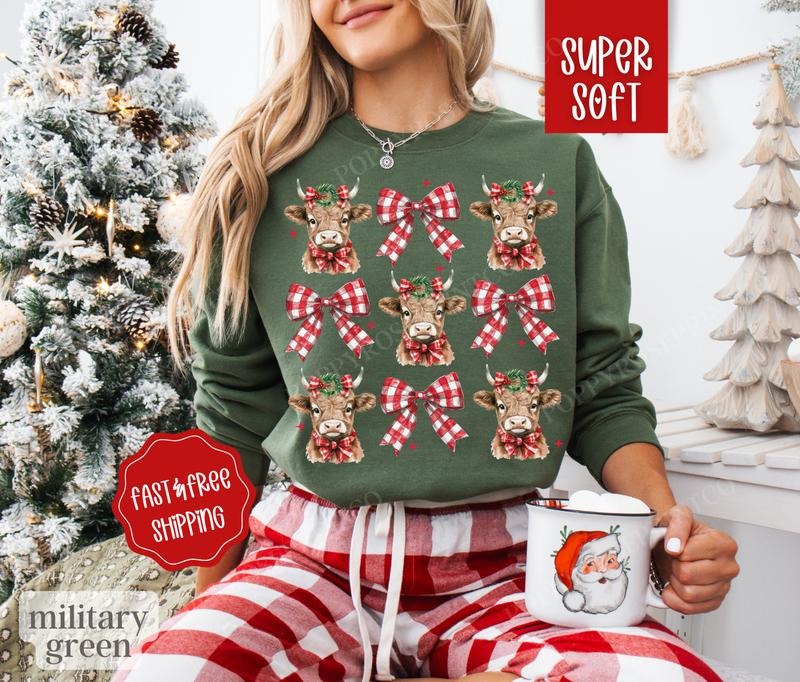 Highland Cow Christmas Sweatshirt, Christmas Sweater, Women's Holiday Crewneckstyle{n002}2 T-Shirts, Hoodie | WearSparks.com