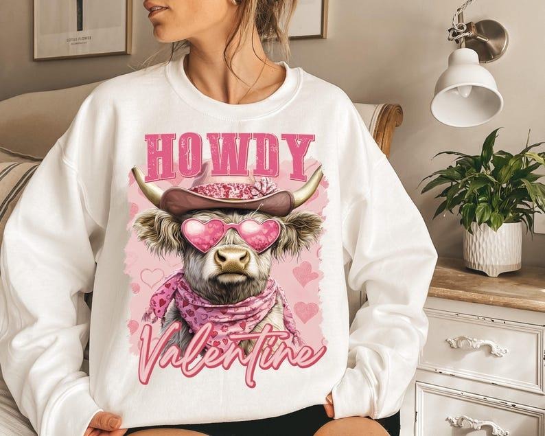 Highland Cow Crewneck | Valentine Coquette Sweatshirt | Retro Heart Love Design T-Shirts, Hoodie | WearSparks.com