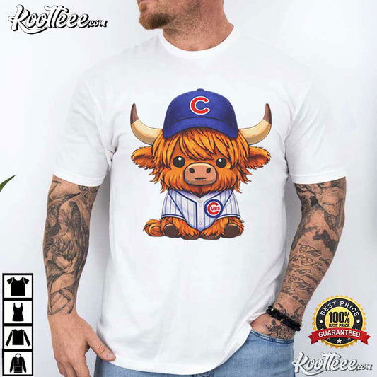 Highland Cow In Cubs Baseball Jersey Cute Mascot T-Shirt