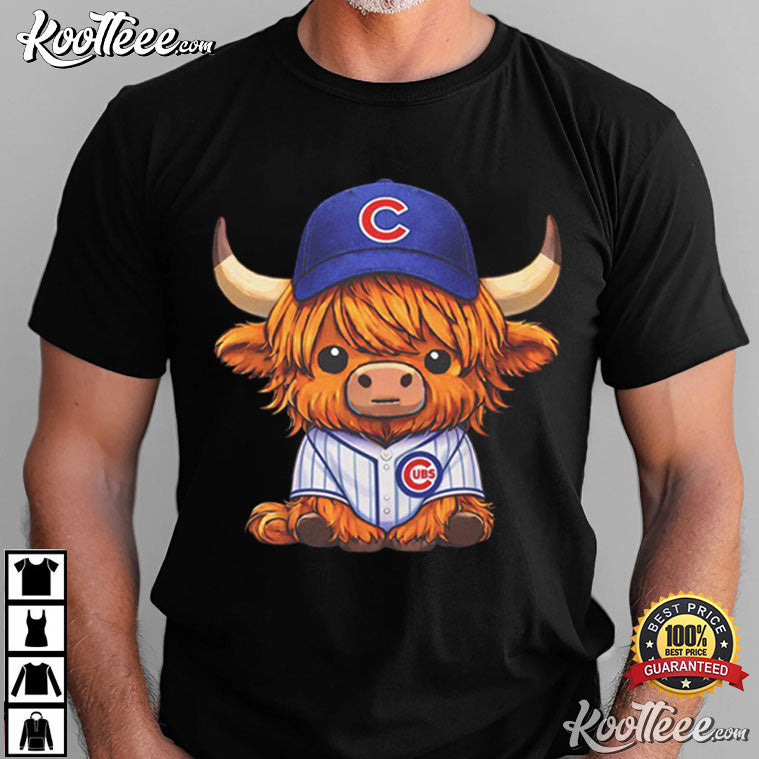 Highland Cow In Cubs Baseball Jersey Cute Mascot T-Shirt