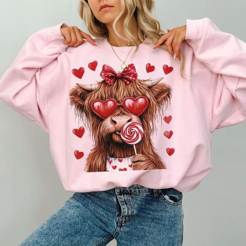 Highland Cow Sweatshirt, Valentine Coquette Sweatshirt, Valentine's Day, Retro Valentine Sweatshirt, Valentine Heart...