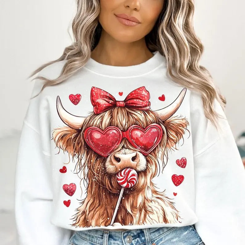 Highland Cow Sweatshirt, Valentine Coquette Sweatshirt, Valentine's Day, Retro Valentine, Valentine Heart Sweatshirt,...