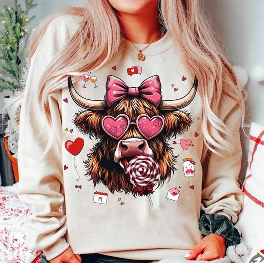 Highland Cow Valentine Coquette Sweatshirt Valentine's Day, T-Shirts, Hoodie | WearSparks.com