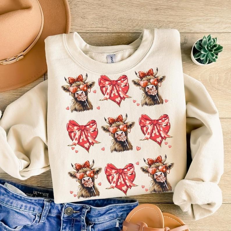 Highland Cow Valentine Coquette Sweatshirt, Valentine Heart , Love , Valentines T-Shirts, Hoodie | WearSparks.com