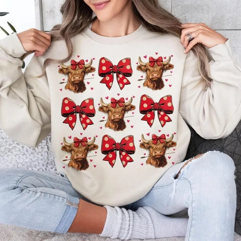 Highland Cow Valentine's Day Sweatshirt Coquette,Trending,Girly Valentine T-Shirts, Hoodie | WearSparks.com