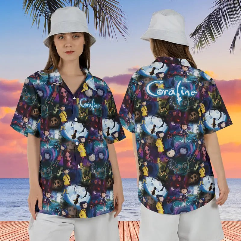 Coraline Hawaiian Shirt, Halloween Movie Hawaii Shirt, Coraline Doll Hawaii, Coraline Stuff, Button Eyes Coraline Shirt,...
