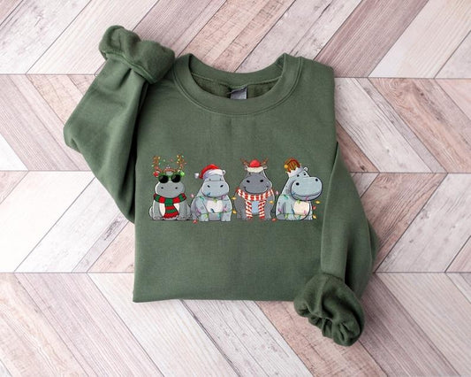 Hippopotamus Christmas Sweatshirt, Retro Hippo Christmas Light Sweatshirt, Hippo Lover Xmas Hoodie and Sweater; T-shirt...