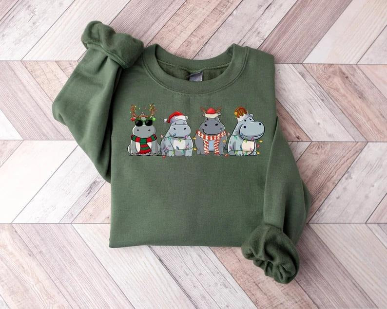 Hippopotamus Christmas Sweatshirt, Retro Hippo Christmas Light Sweatshirt, Hippo Lover Xmas Shirt, Hippo Christmas...