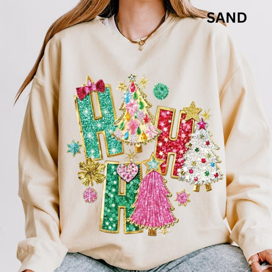 Ho Ho Ho Tree Faux Glitter Christmas Winter Graphic Sweatshirt Casual Cotton Polyester Oversized sweatshirt - Comfort...