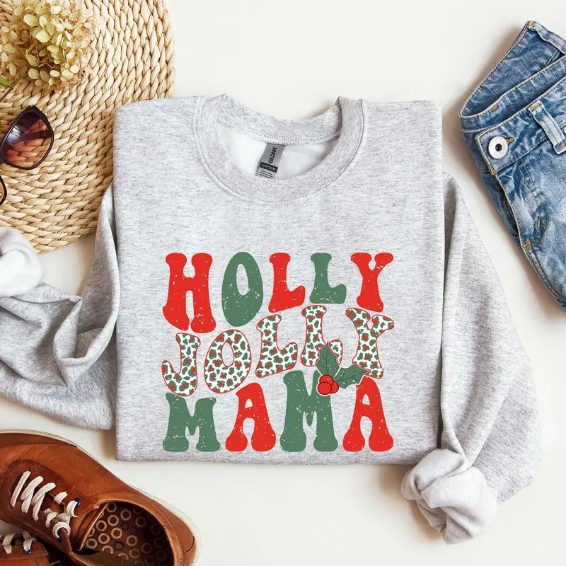 Holly Jolly Mama, Christmas, Winter, Santa, Xmas Sweatshirt, Women's Crew Neck, Crewneck T-Shirts, Hoodie | WearSparks.com
