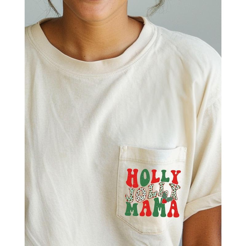 Holly Jolly Mama, Pocket, Christmas, Winter, Santa, Snow, Xmas Pocket Tee, Women's Comfort Color Tee, Tshirt Hoodie,...