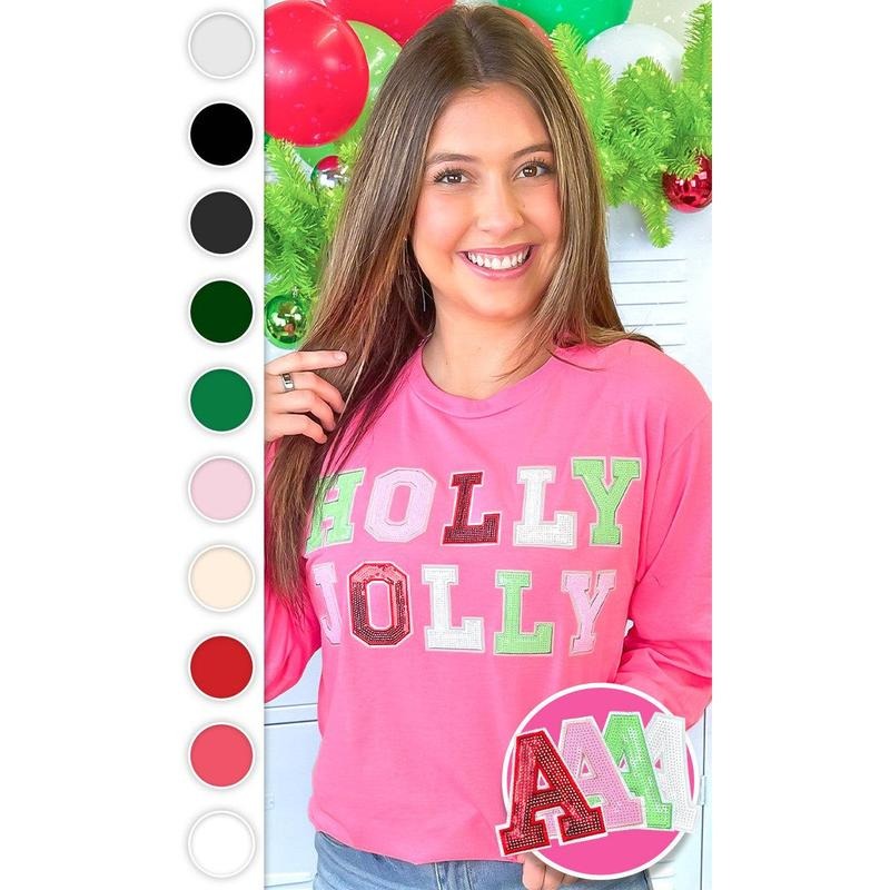 Holly Jolly Sequin Christmas Graphic Long Sleeve T-Shirt Hoodie, Sweatshirt | WearSparks.com