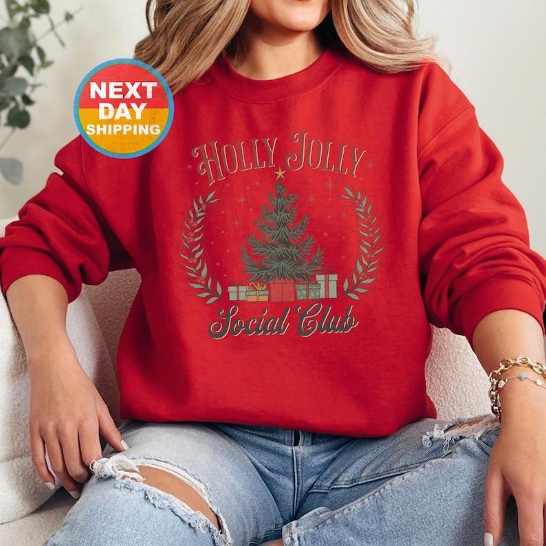 Holly Jolly Social Club Sweatshirt, Christmas Tree Holiday Crewneck, Retro Holiday Sweatshirt, Cozy Christmas Sweater,...
