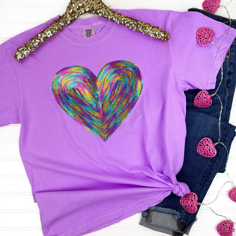 Holographic HEART Sequin Patch Comfort Colors T-Shirt -- NEON VIOLET Hoodie, Sweatshirt | WearSparks.com