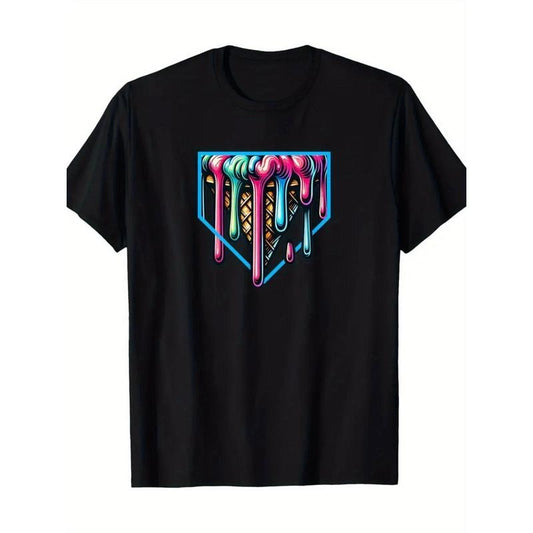 Home plate Drop Ice cream softball and baseball print short sleeve men's T-shirt, outdoor casual short sleeve men's...
