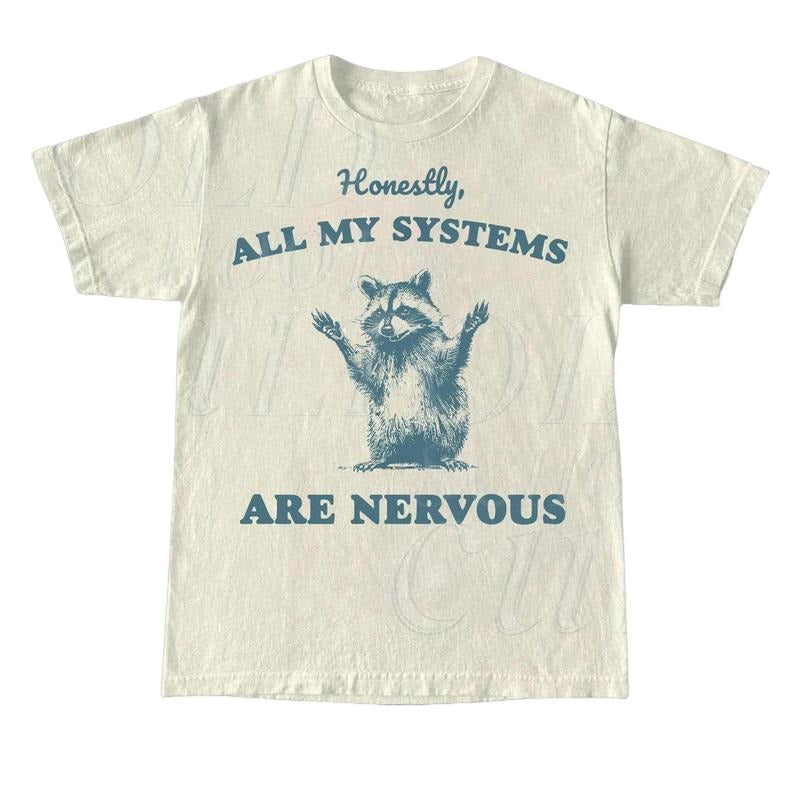 Honestly All My Systems Are Nervous Vintage T-Shirt, Retro 90s Raccoon Shirt, Oversized Trash Panda Tee, Funny Unisex...