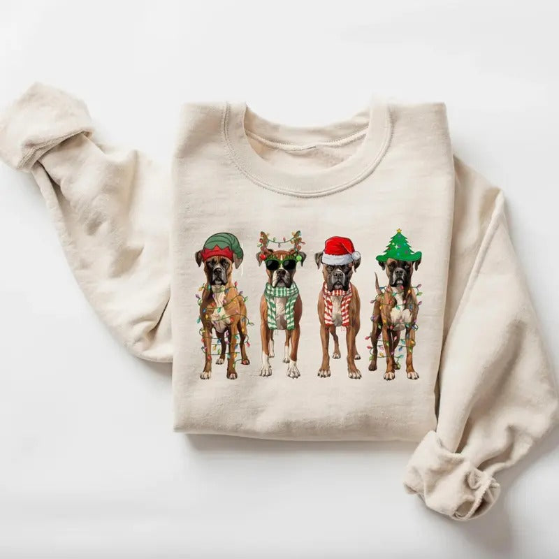 Vintage Christmas Boxer Dog Shirt/Sweatshirt/Hoodie, Retro Crewneck, Gift For Xmas, Cotton, Womenswear Tops | WearSparks.com
