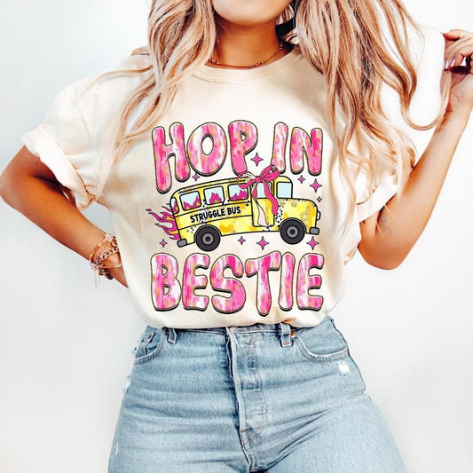 Hop in Bestie T-Shirt, Struggle Bus T-Shirt, Retro Mental Health T-Shirt, Pink Coquette T-Shirt, Trendy Sarcastic...