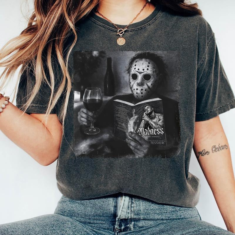 Horror Relaxation T-Shirt, Funny Masked Killer Reading Madness Sweatshirt, The Lords Series Hoodie, Spooky Book and Wine...