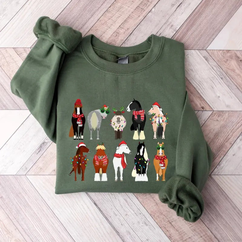 Horse Lover Animal Christmas Shirt, Christmas Farm Animals T-Shirt, Funny Horse Christmas Hoodie, Horses In A Row Tee,...