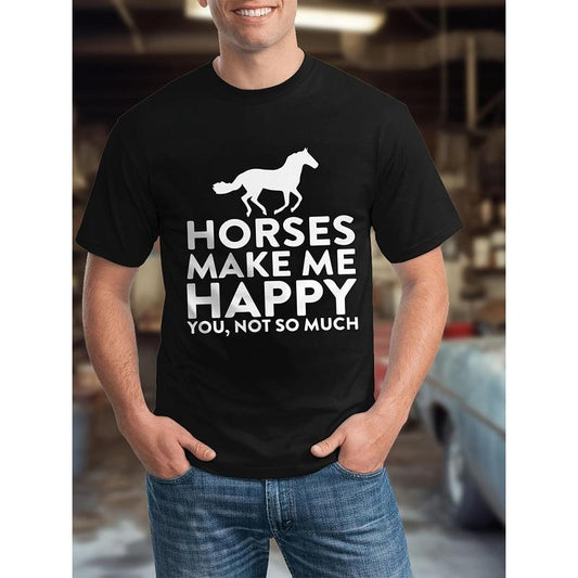 Horse Makes Me Happy" Men's T-Shirt - Soft, Breathable Cotton, Casual Short Sleeve, All-Season Wear, Black made in usa...