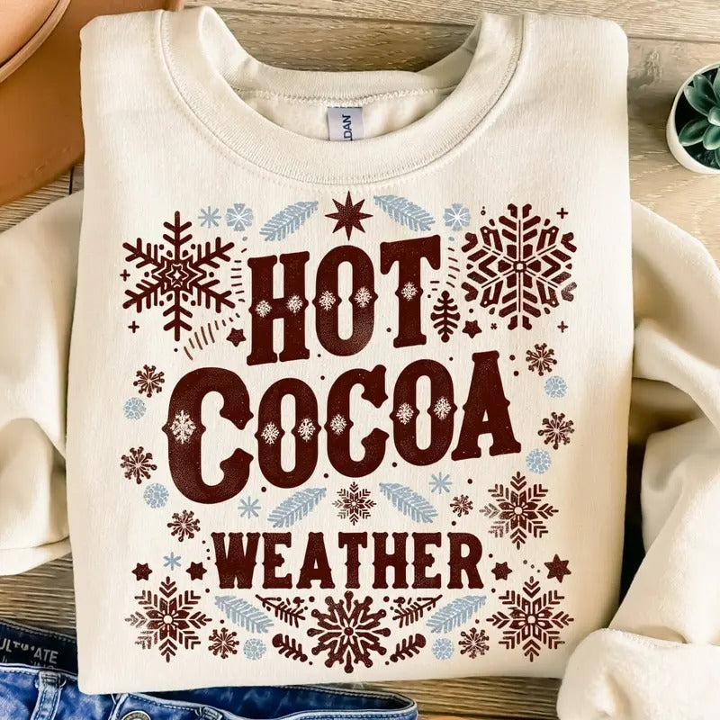 Hot Cocoa Weather Snowflakes Winter Christmas Unisex Cotton Sweatshirt, Classic Cotton Christmas Sweatshirt Menswear...