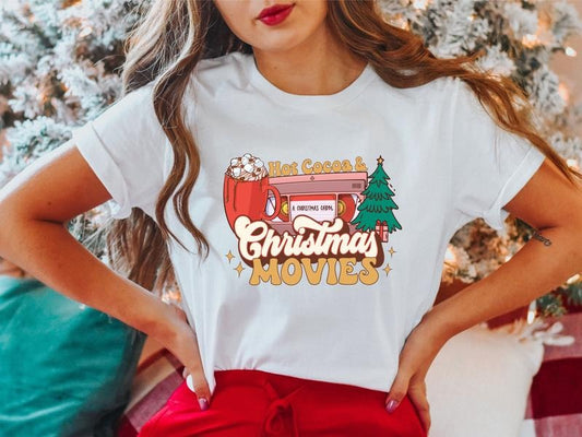 Hot Cocoa and Christmas Movies Shirt, Hot Chocolate Lover Holiday Gift Tee, Xmas Movies Family Shirts, Retro Christmas...