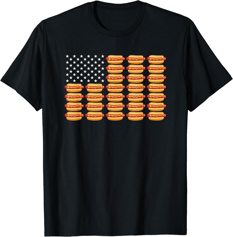 Hot Dog American Flag July 4th Patriotic Summer BBQ Funny T-Shirt | Unisex Cotton Tee Gift, Crewneck, Short Sleeve...