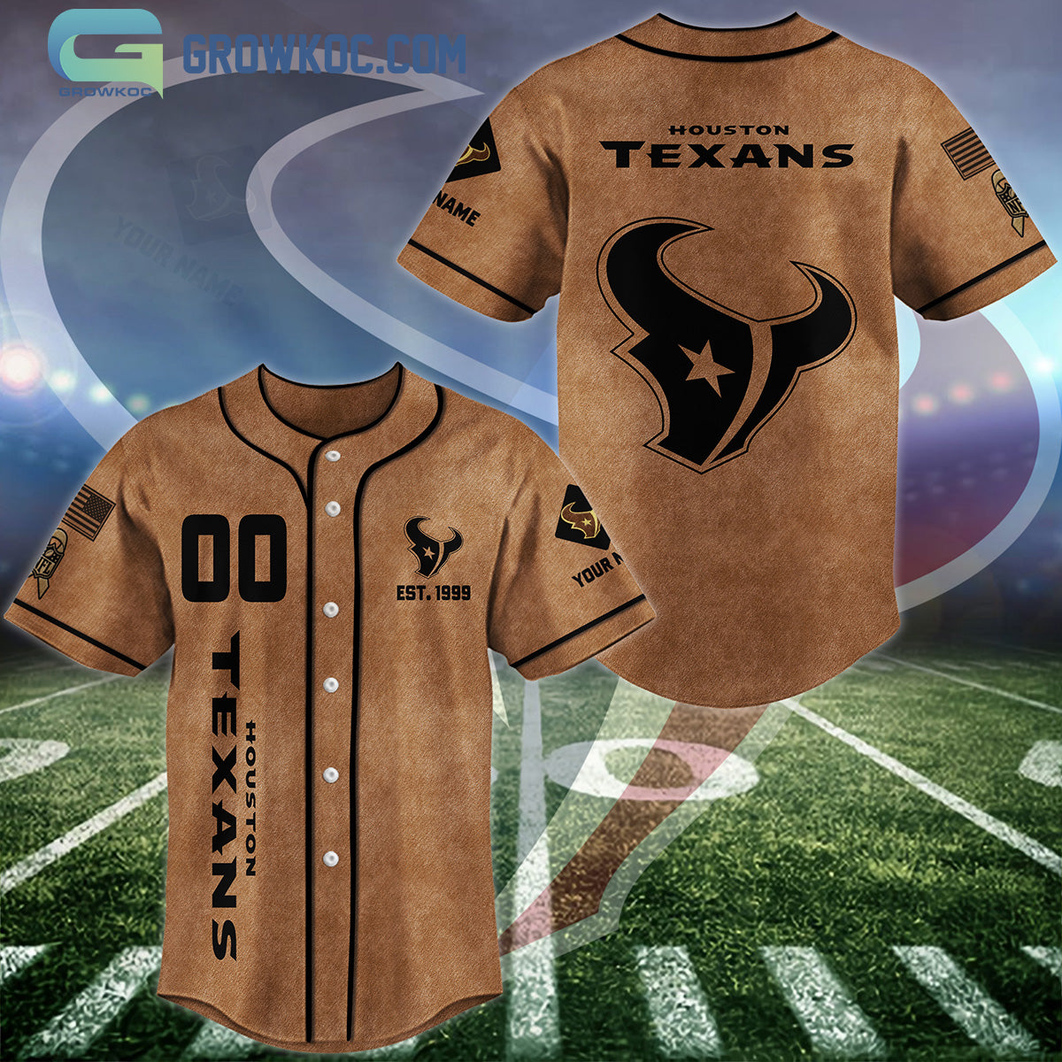 Houston Texans Brown American Flag Personalized Baseball Jersey