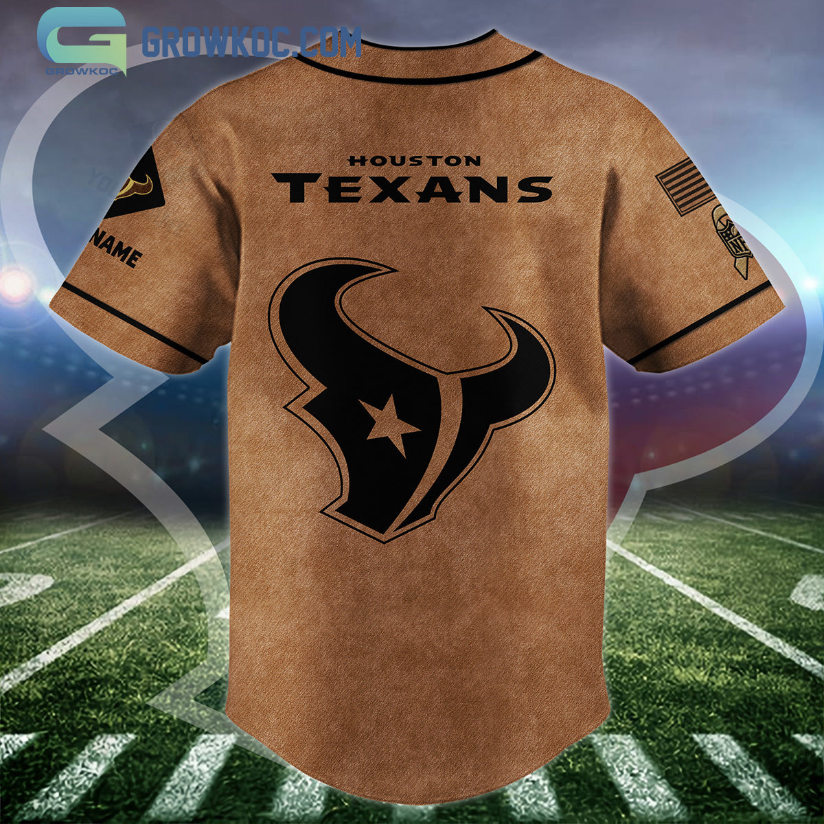 Houston Texans Brown American Flag Personalized Baseball Jersey