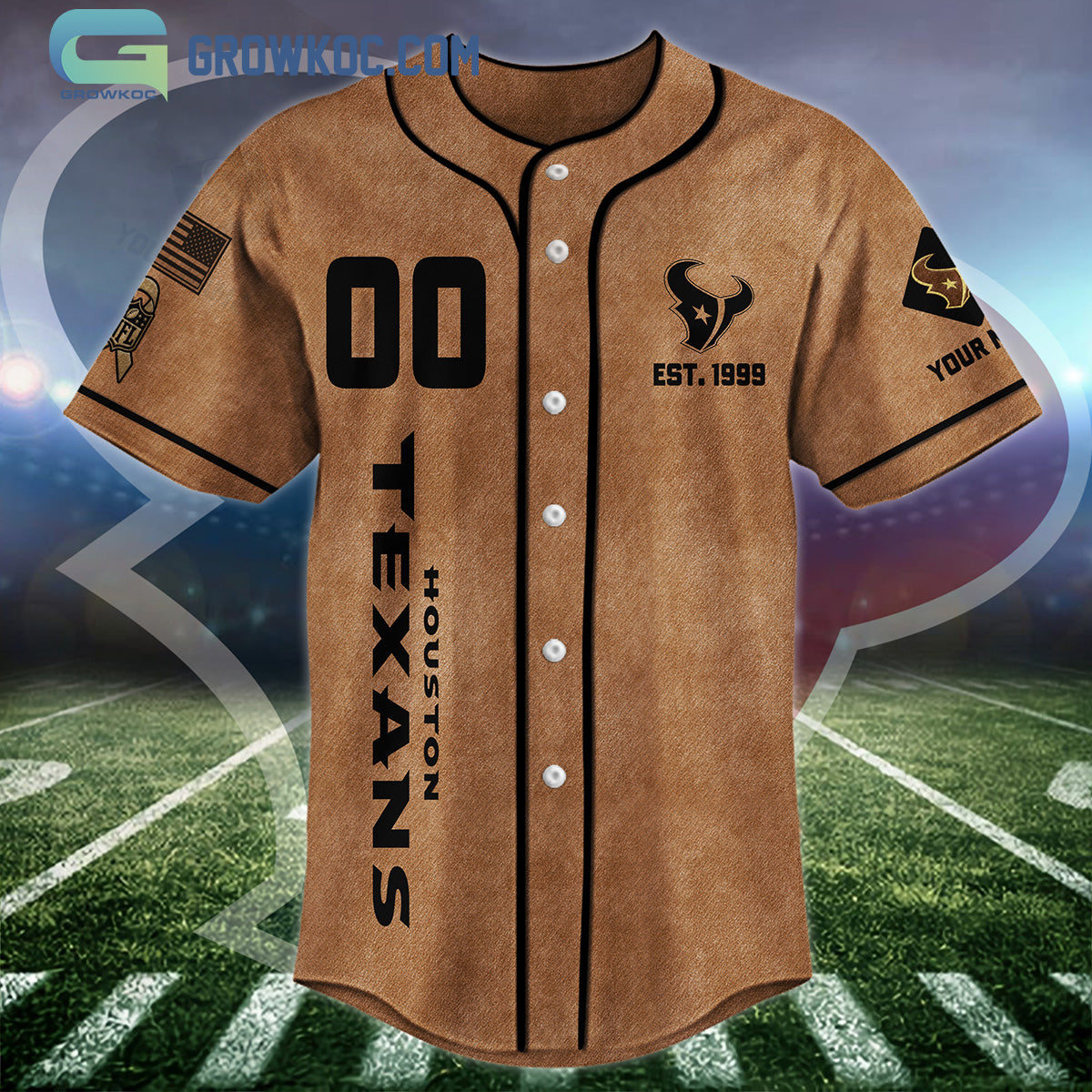 Houston Texans Brown American Flag Personalized Baseball Jersey