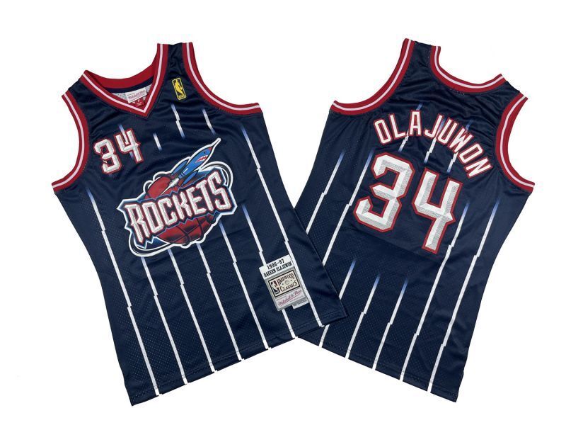 Houston Rockets #34 Hakeem Olajuwon Rockets 34 # Navy Rockets 96-97 Season Mitchell Retro Jersey Style 1