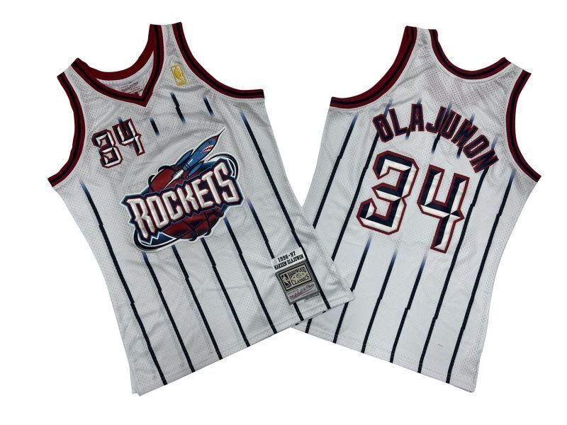 Houston Rockets #34 Hakeem Olajuwon Rockets 34 # White Rockets 96-97 Season Mitchell Retro Jersey Style 1