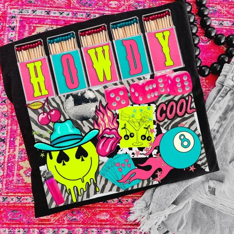 Howdy Cool Neon Collage shirt, vintage crewneck sweatshirts, western outfit women, cowgirl outfits, western clothing...