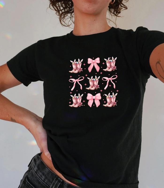 Howdy Easter Baby Tee, Cowboy Boots Easter Baby Tee, Coquette Bunny Ears Tee Shirt, Coquette Pink Bow Easter Baby Tee,...