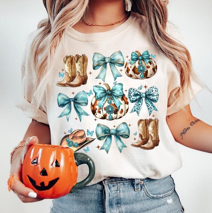 Howdy Fall Western Pumpkin Shirt, Fall Cowhide Pumpkin, Fall Sweatshirt, Coquette Bow Pumpkin Unisex Cotton Crewneck Hoodie