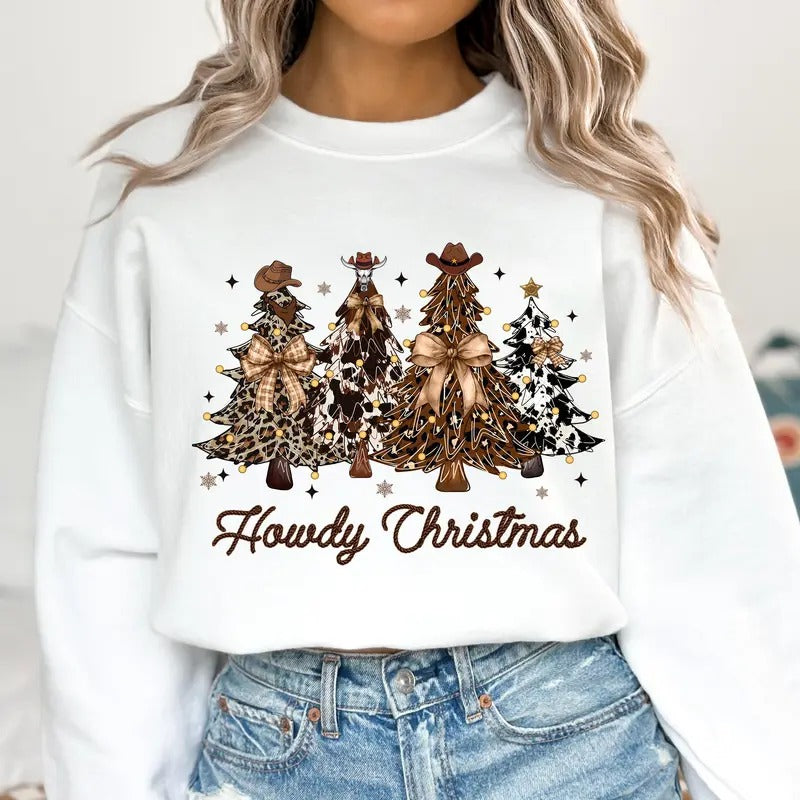 Howdy Retro Western Christmas Tree Sweatshirt, Cowboy Christmas Christmas Cowgirl Coquette Bow Shirt Hoodie | WearSparks.com